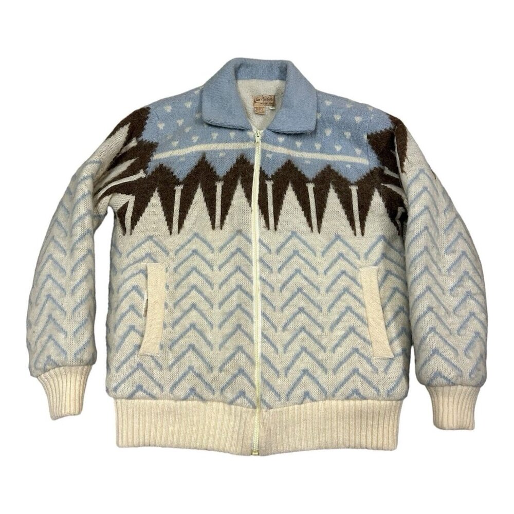 Vintage Carson Pirie Scott Aztec Pattern Full‎ Zip Jacket Wool Blend White Blue